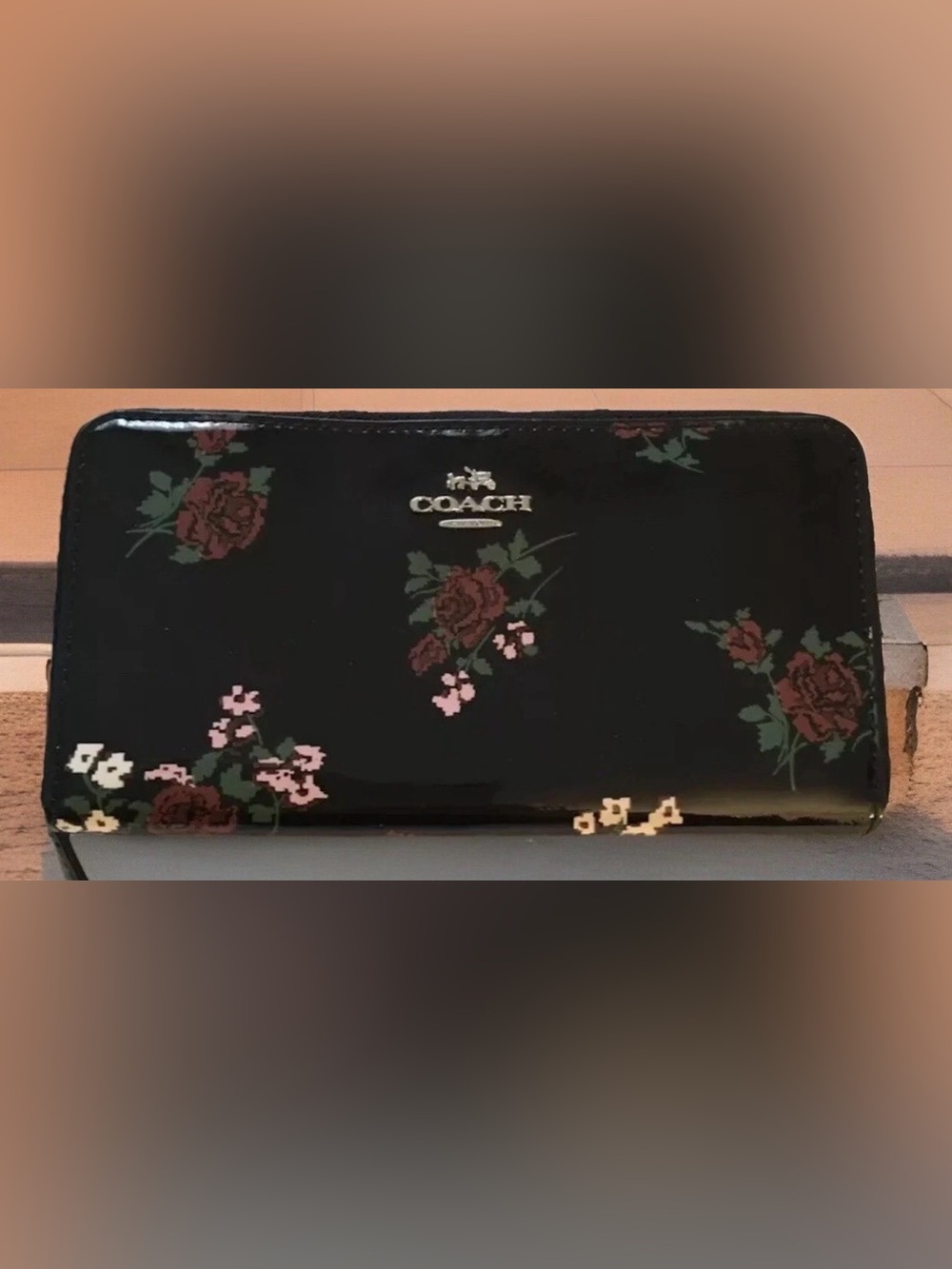 Coach Floral Accordion Zip Wallet Black & Pink